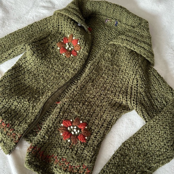 Sweaters - Olive Green Floral Double Zip Knit Cardigan S/M